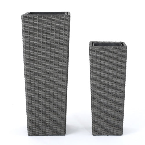 2-Pack Gray PE Wicker Tapered Outdoor Planter Pots with Iron Frame (11.75 in. and 9.06 in. W)
