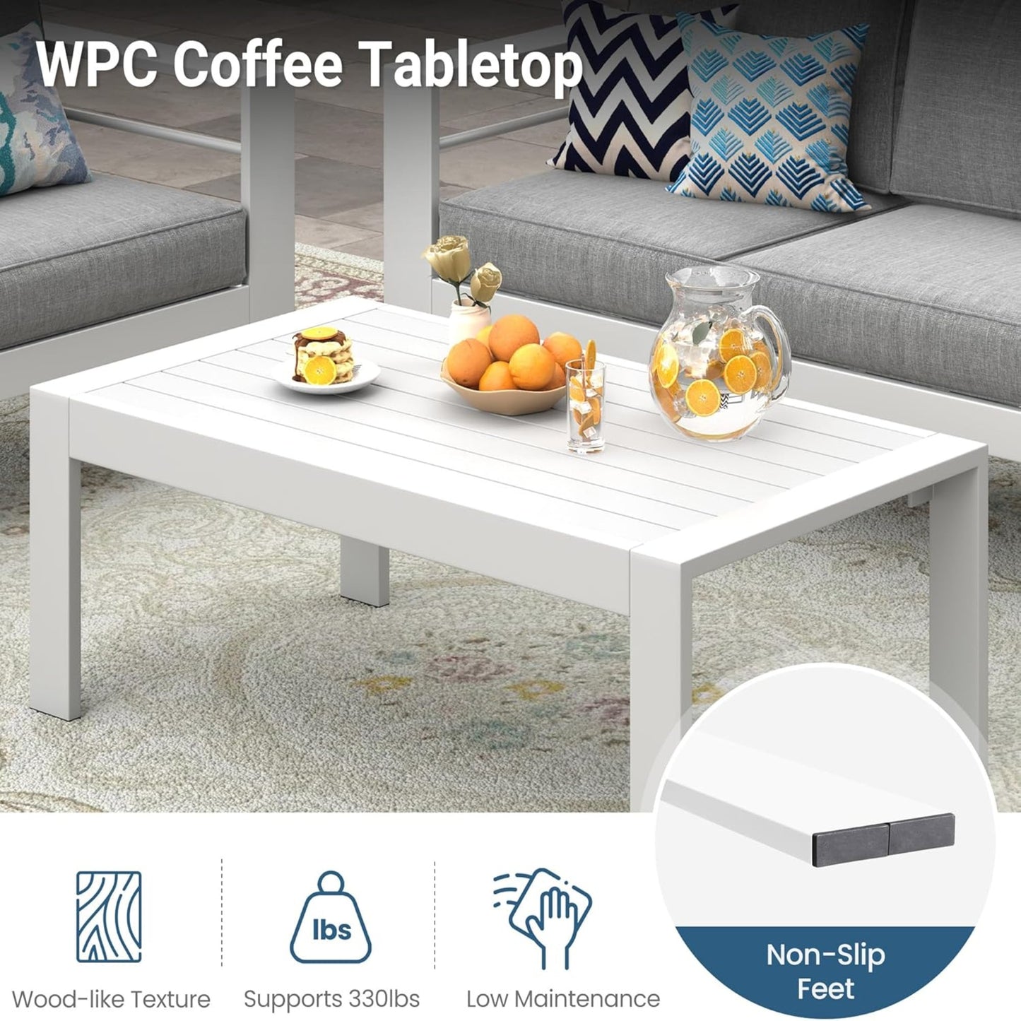 43" All-Weather Aluminum Patio Coffee Table, Modern White Rectangle Outdoor Table