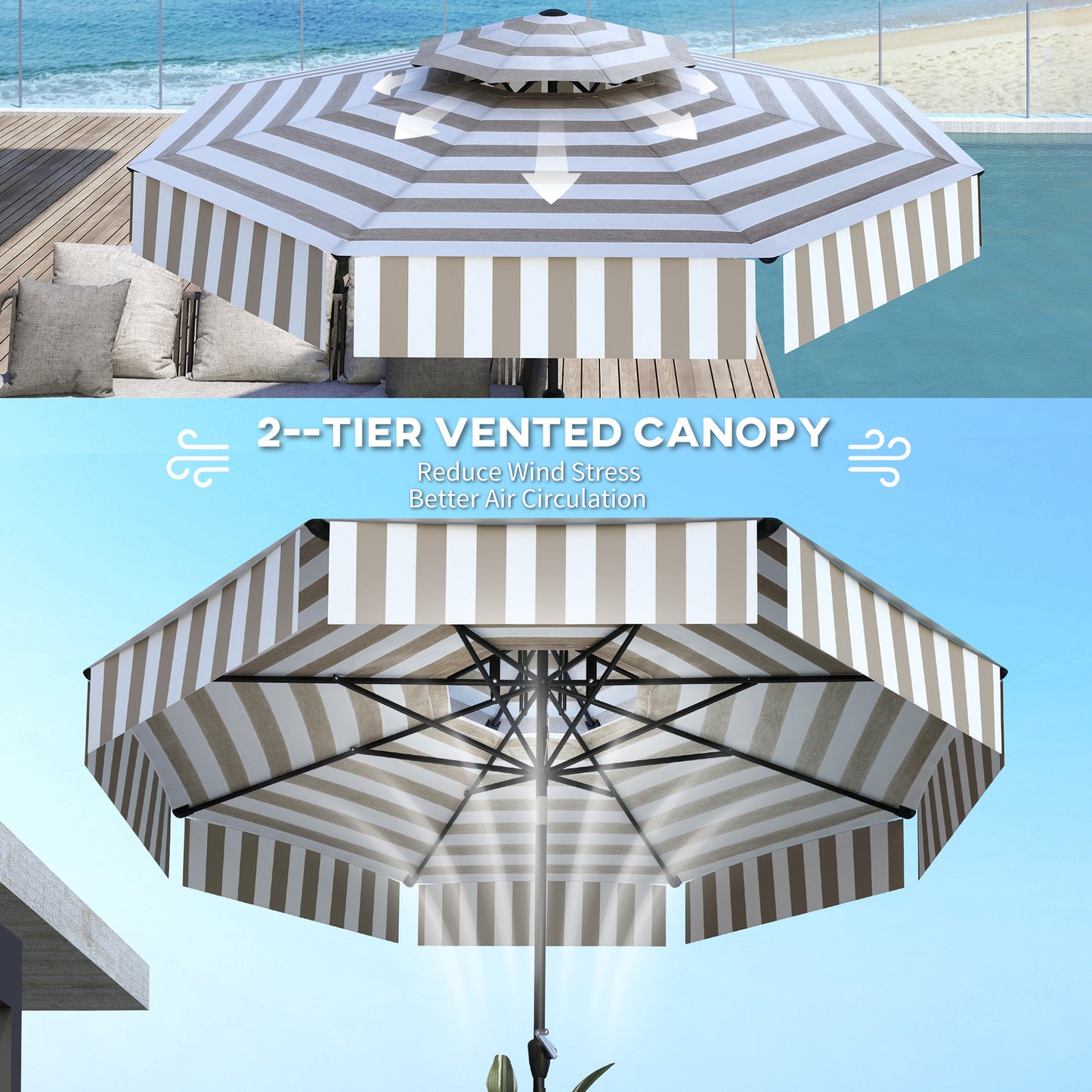 Outdoor Market Umbrella,Patio Umbrella,2-Tier Vented Patio Table Umbrella with Crank 8 Ribs,Tiltable Porch Umbrella,for Outdoor