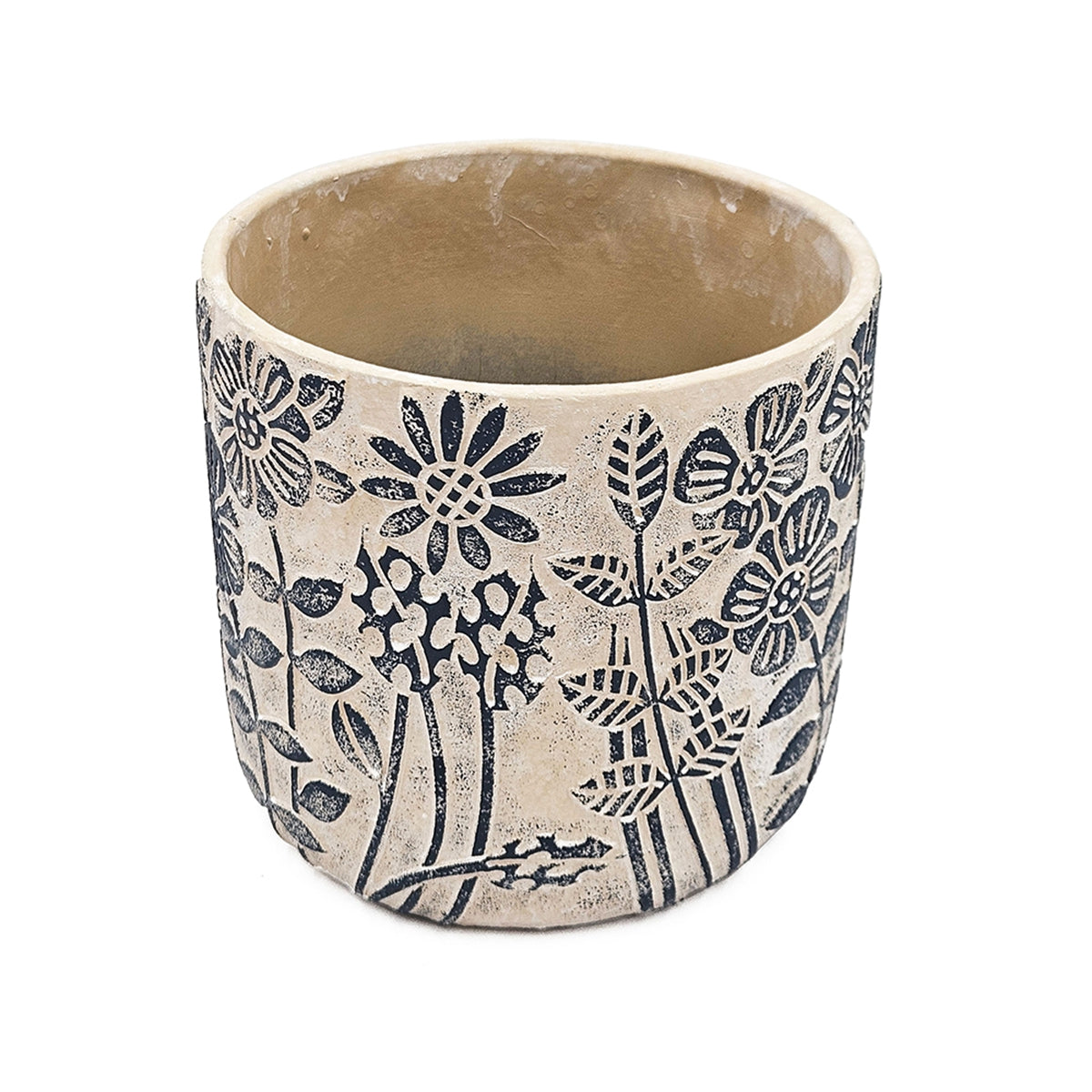 S/2 Gray Sand and Cement Planters with Blue Floral Motif, L:D7x6.7" S:D5.5x5"