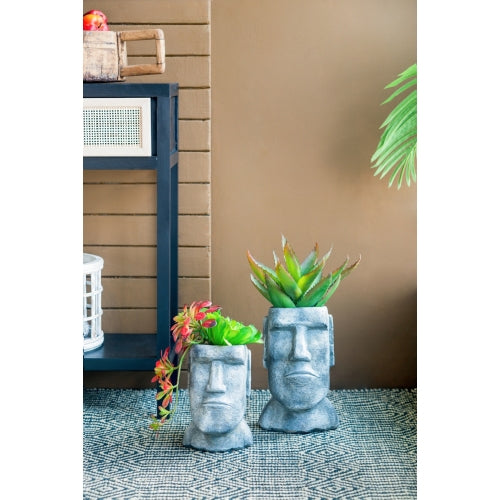 4.3 qt. Medium Gray Cement Indoor/Outdoor Planter, Easter Island Stone Planter (5.5 in. W x 9 in. H) Weight: 6.8 lbs.