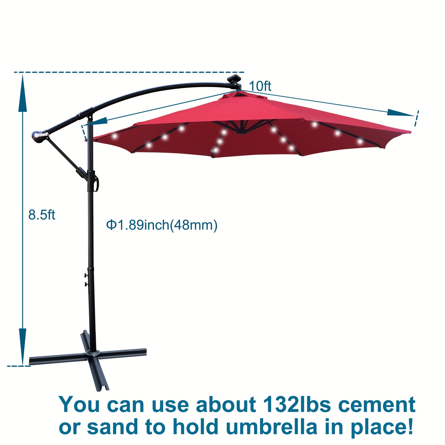 10 ft Outdoor Patio Umbrella Solar Powered LED Lighted 8 Ribs Umbrella with Crank and Cross Base for Garden Outside Deck Swimming Pool