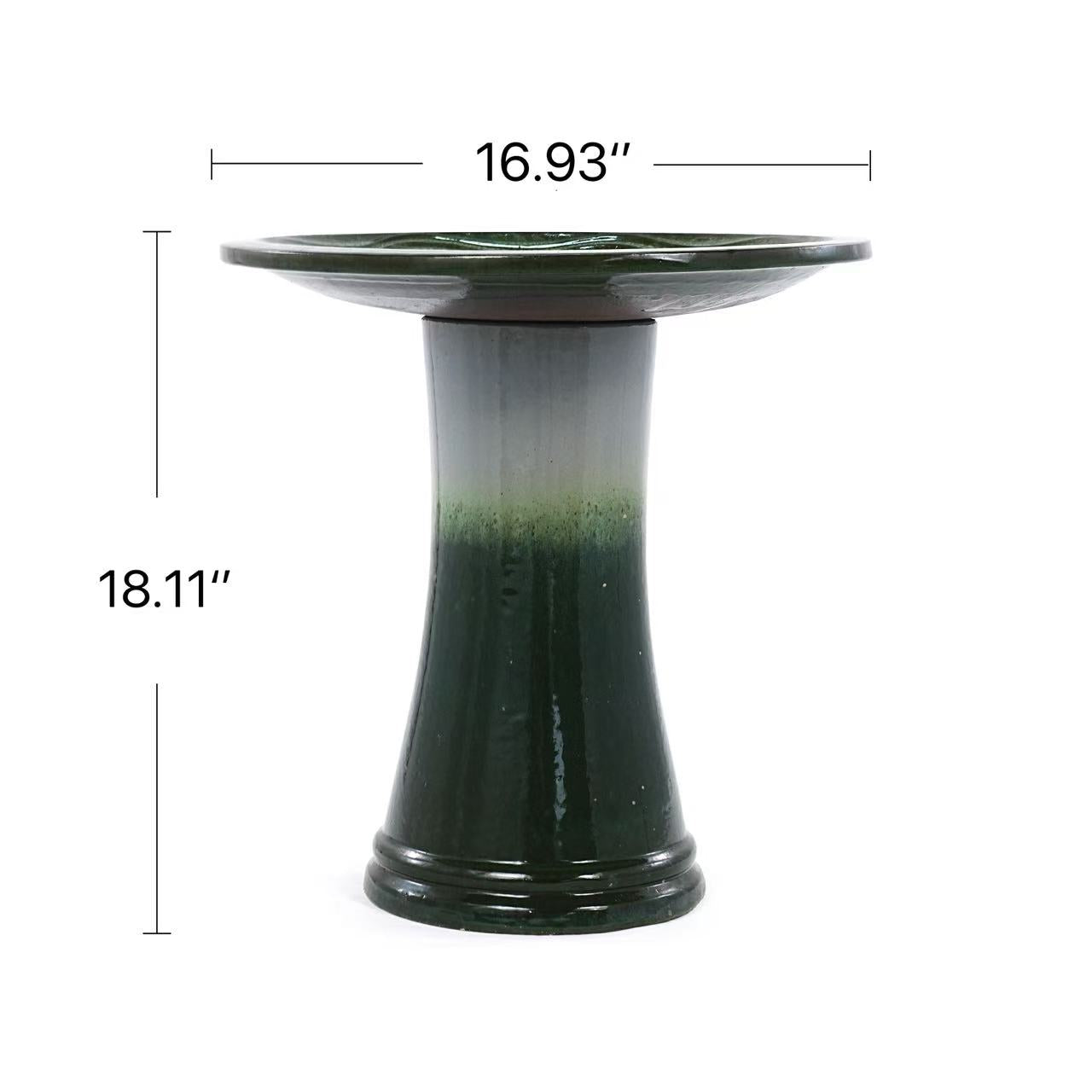 17'' Ceramic Bird Bath for Outside, Elegant Tall Outdoor Bird Bath, Lightweight Pedestal Glazed Birdbaths for Outdoors with Swirl Pattern, Green Ombre