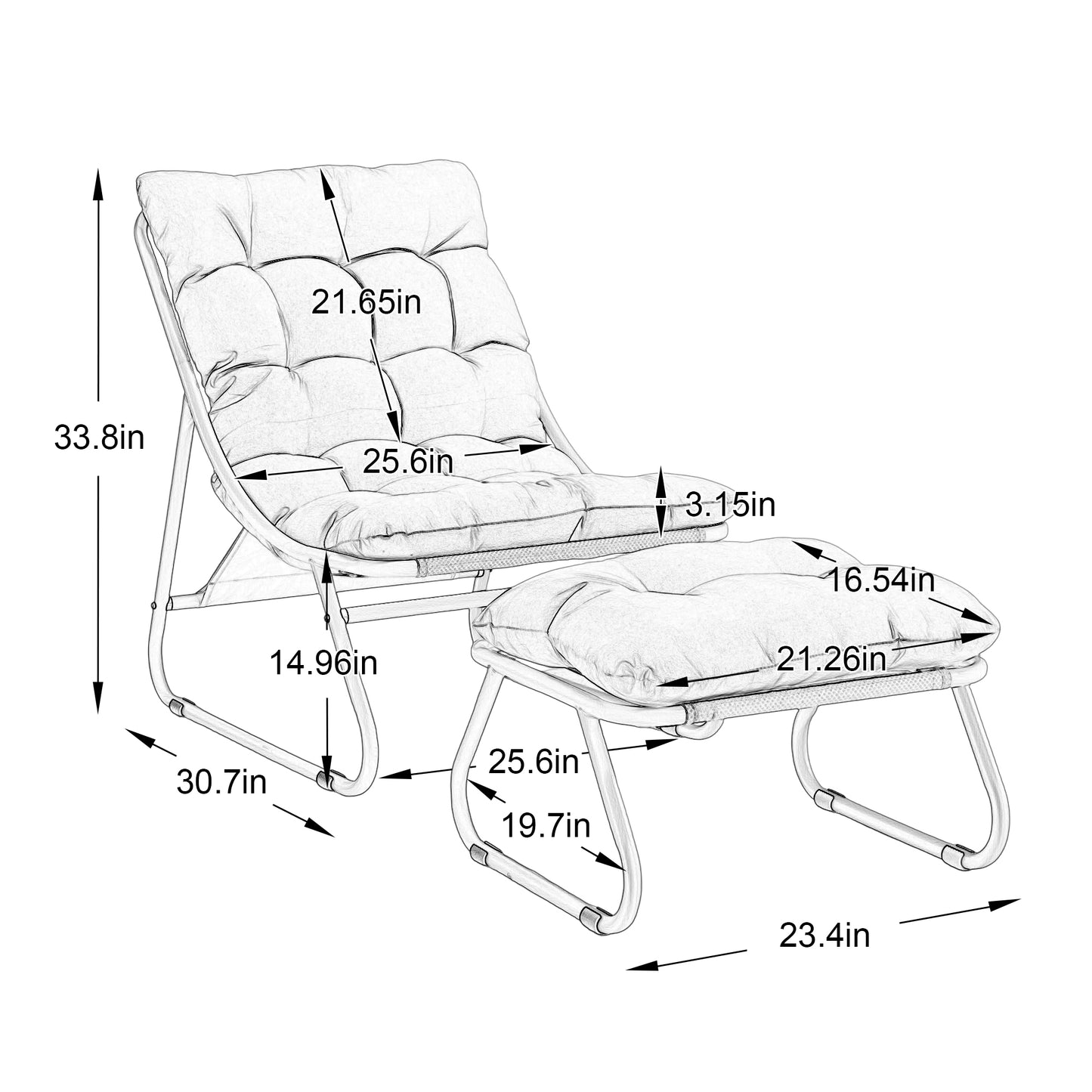 Patio Outdoor Lounge Chair with Ottoman, Comfy Sling Recliner Chair with Puffy Cushion and Foot Stool, Ideal for Living Room, Bedroom, Reading Room, Black frame with grey cushion