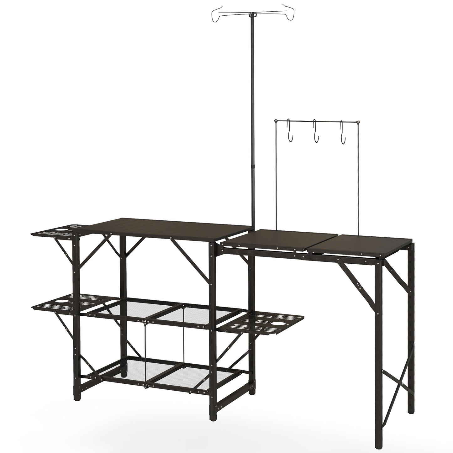 Outsunny Folding Camp Kitchen Table, Portable Camping Cooking Station with Adjustable Lantern Holder, Hanging Hooks and Carrying Bag for Outdoor Picnic Beach BBQ Traveling