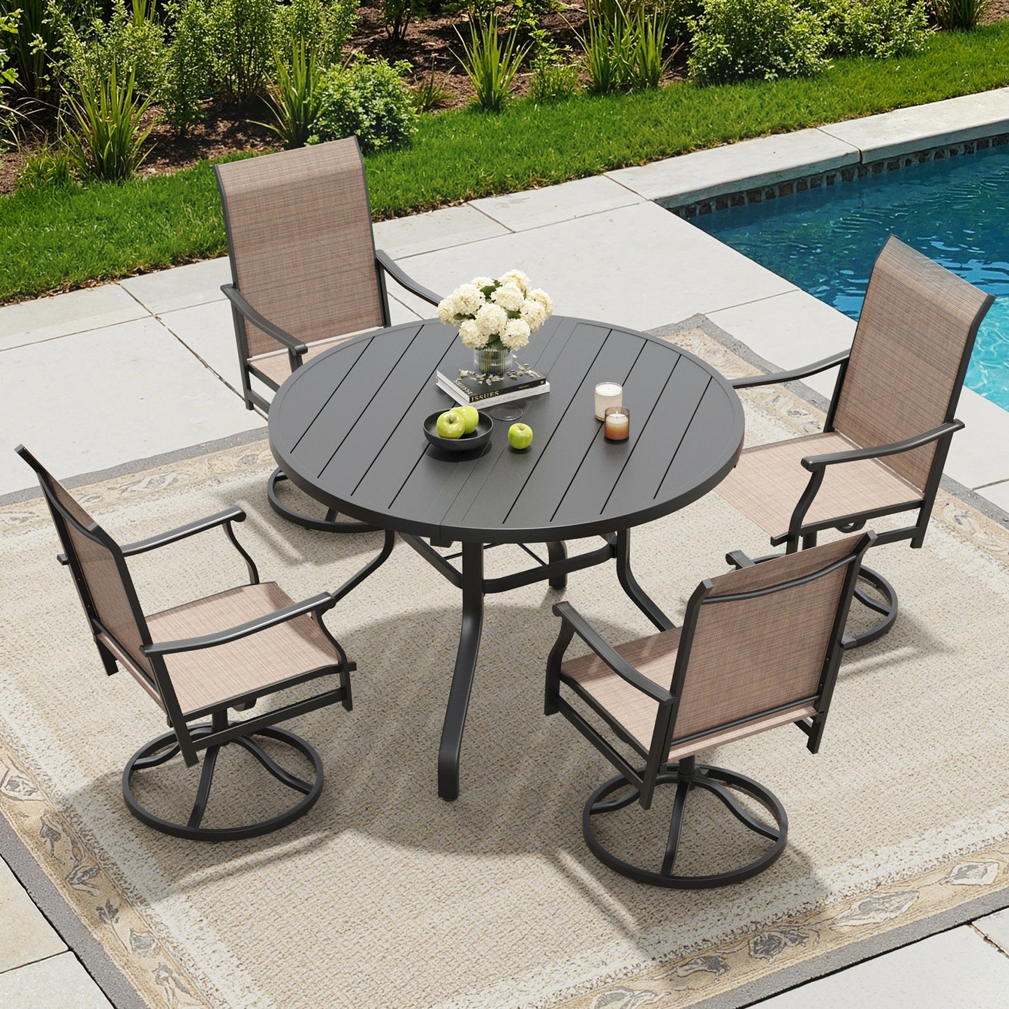 Round Outdoor Dining Table, 41" Round Patio Table Wood-Like Grain with 1.57" Umbrella Hole, Metal Outdoor Dining Tables for Backyard and Poolside
