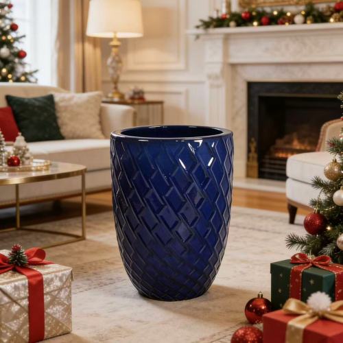 Dark Blue Ceramic Flowerpot, Indoor Ceramic Sleek Design Oval Planter (17 in. W x 21 in. H), 1-Pack