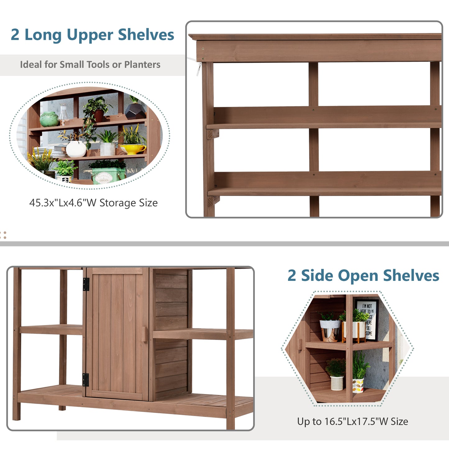 50 in. W x 66 in. H Brown Outdoor Farmhouse Fir Wood Garden Potting Bench Table with Drawers and Cabinet