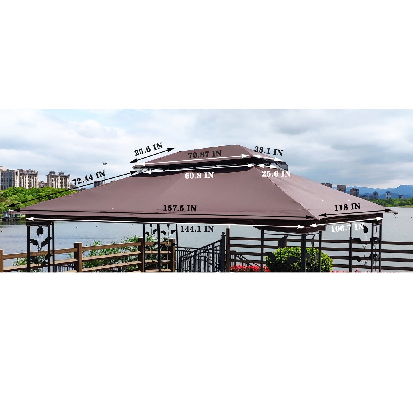 13x10 Ft Patio Double Roof Gazebo Replacement Canopy Top Fabric,Brown