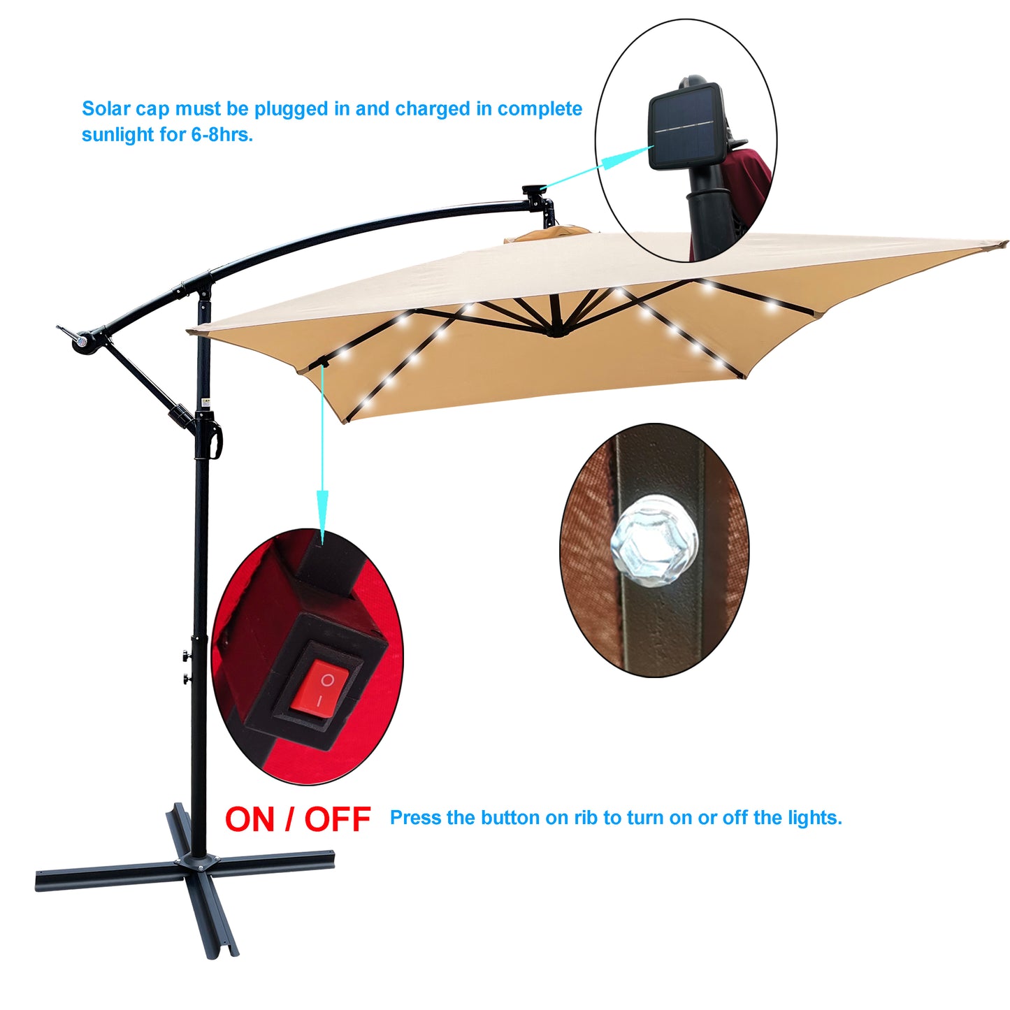 Rectangle 2x3M Outdoor Patio Umbrella Solar Powered LED Lighted Sun Shade Market Waterproof 6 Ribs Umbrella with Crank and Cross Base for Garden Deck Backyard Pool Shade Outside Deck Swimming Pool