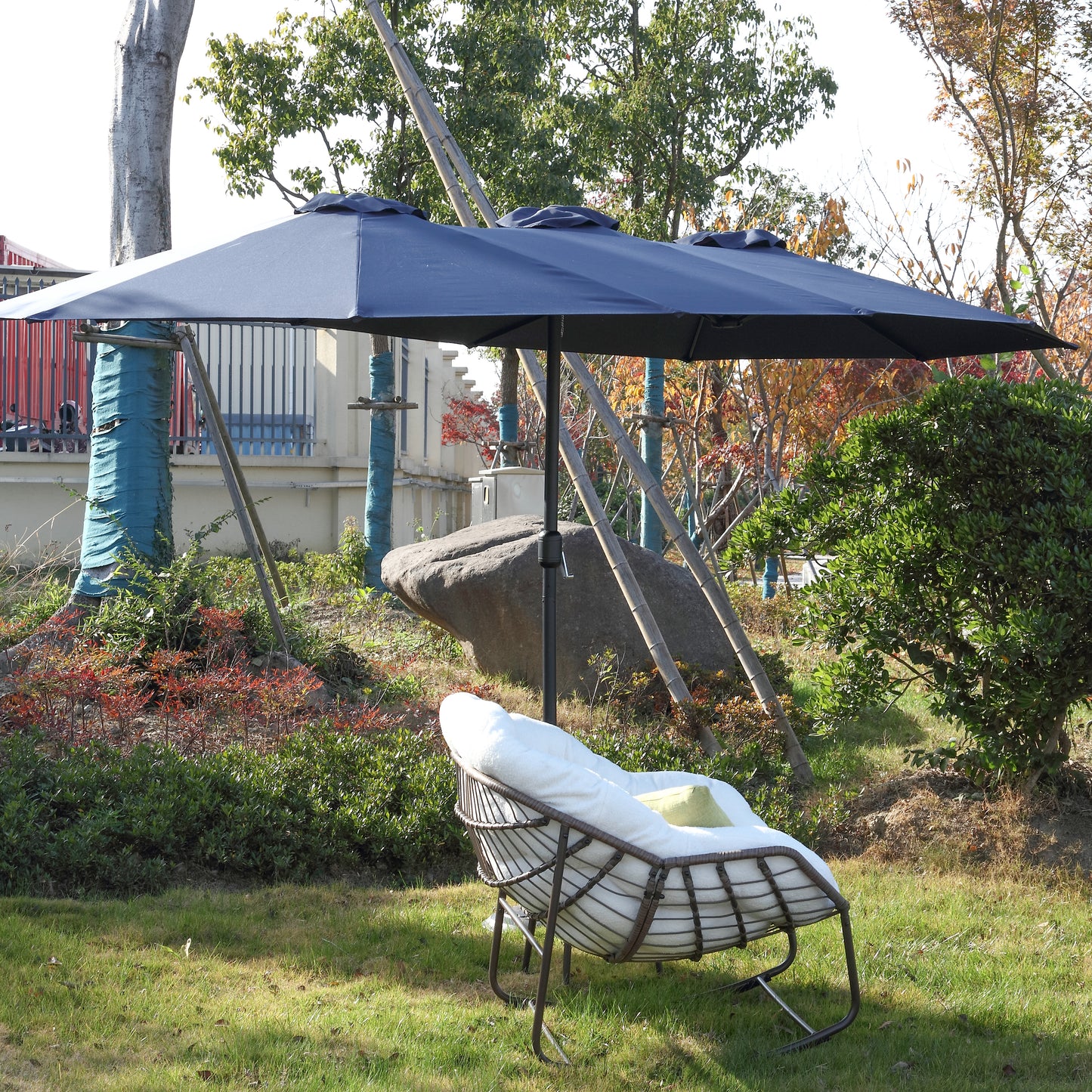 14.8 Ft Double Sided Outdoor Umbrella Rectangular Large with Crank ( Navy blue )(No Base)