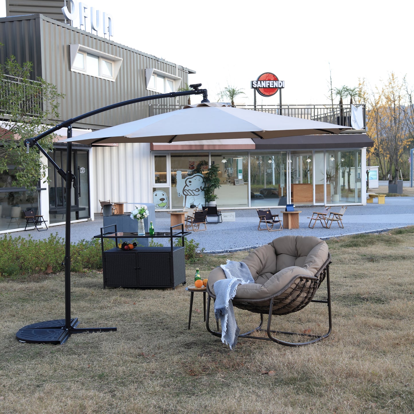 10ft Solar LED Offset Hanging Market Patio Umbrella ( khaki )(No Base)