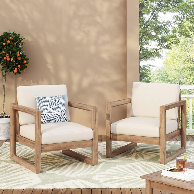 Outdoor Acacia Wood Patio Club Chair, Wood Patio Furniture,Waterproof Thick Cushion Deep Seating for Porch, Garden, Backyard, Balcony, Brown Wash and Beige Cushion