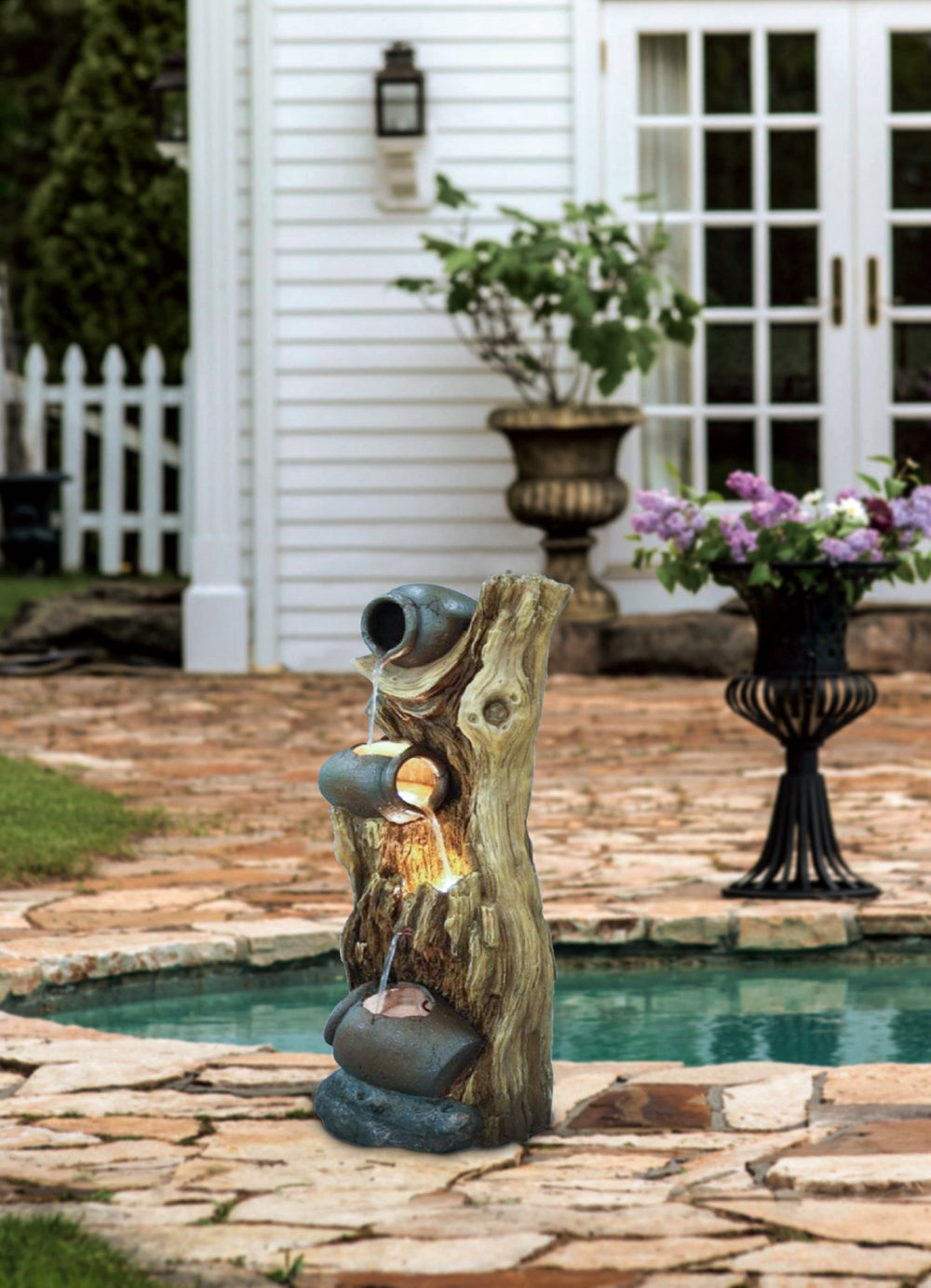 12.4x11.6x37.8" Decorative 3 Tier Tree Trunk Fountain with Lights and Pump, Brown
