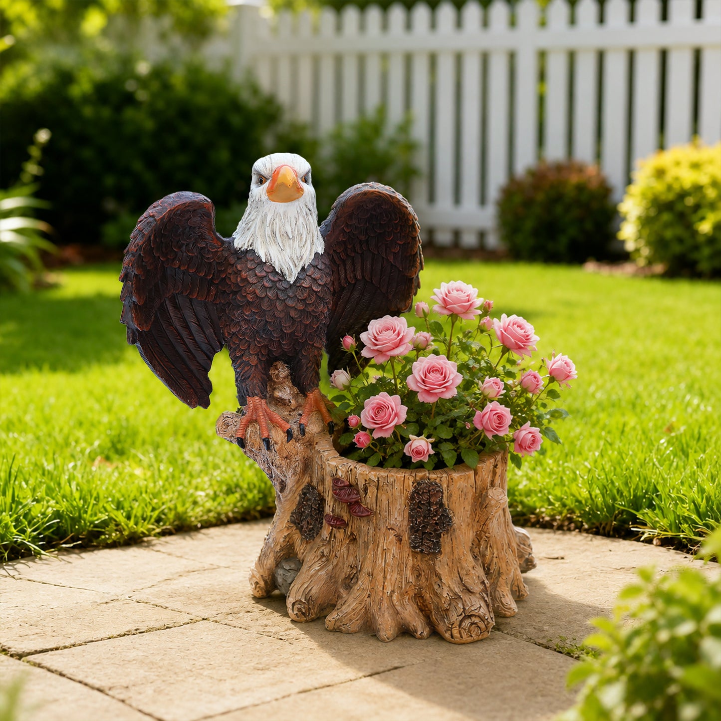 Majestic Eagle with Spread Wings Garden Planter Pot on Tree Stump Base - Durable Polyresin Decorative Flower Pot for Outdoor Patio & Lawn - Unique Wildlife Decor Gift