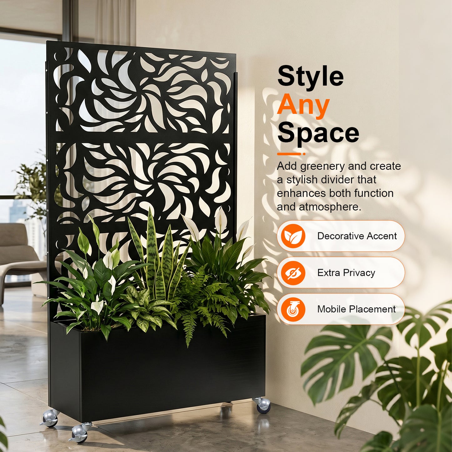 70.87" H × 46.06" W Leaf Pattern Privacy Screen with Planter Box, Black Metal Freestanding Decorative Fence Planter for Patio Balcony Backyard
