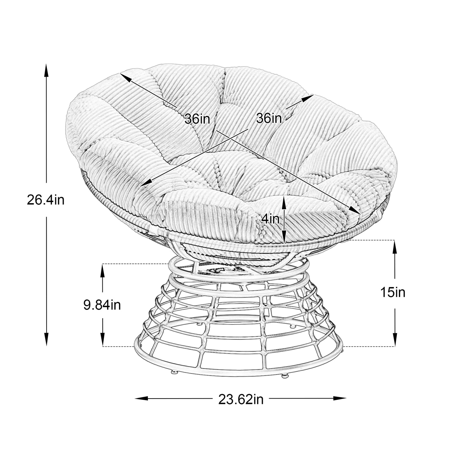 Comfortable Ergonomic Wicker Papasan Chair, 360° Swivel Indoor Outdoor Rattan Chair with Soft Thick Cushion, Ideal for Living Room, Bedroom, Reading Room, Brown Frame with Grey Cushion