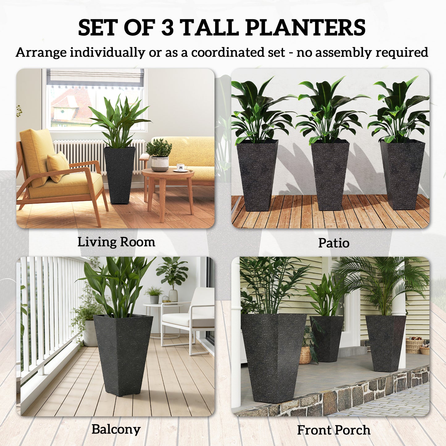 Outsunny 28" Tall Planters, Set of 3 Plastic Flower Pots with Marble Finish and Drainage Holes, Stackable Tapered Outdoor Planters, Black