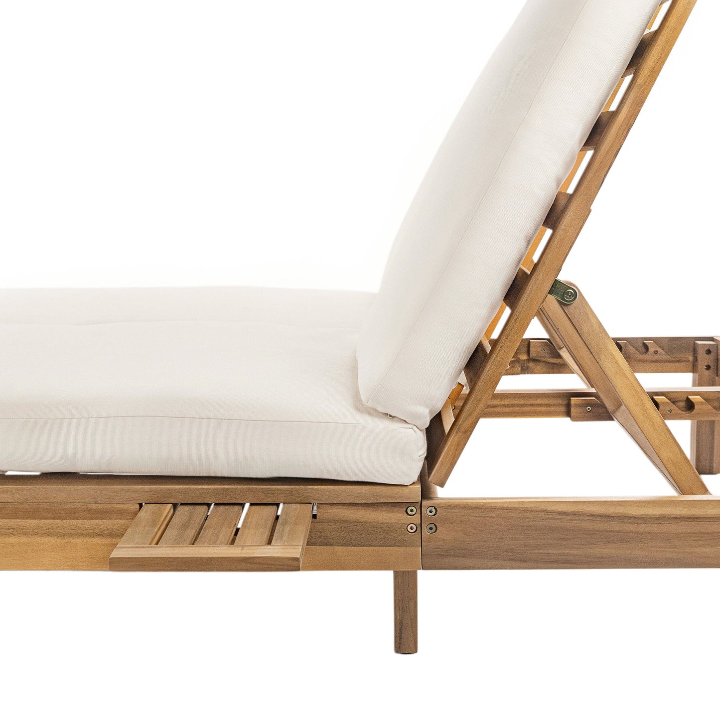 TREXM 5-Position Adjustable Backrest Double Chaise Lounge Outdoor, Outdoor Chaise Lounge with Cushion and Folding Side Trays for 2 People, Patio Double Chaise Lounge for Poolside Garden, Light Teak