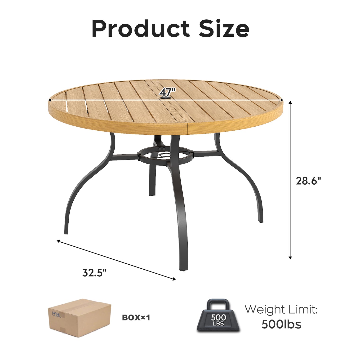 "Round Faux Wood Slat Patio Table 47" with Umbrella Hole, Realistic Wood Grain Top + Matte Black High-Quality Iron Legs, Rust-Resistant Outdoor Dining Table for Garden Patio Balcony