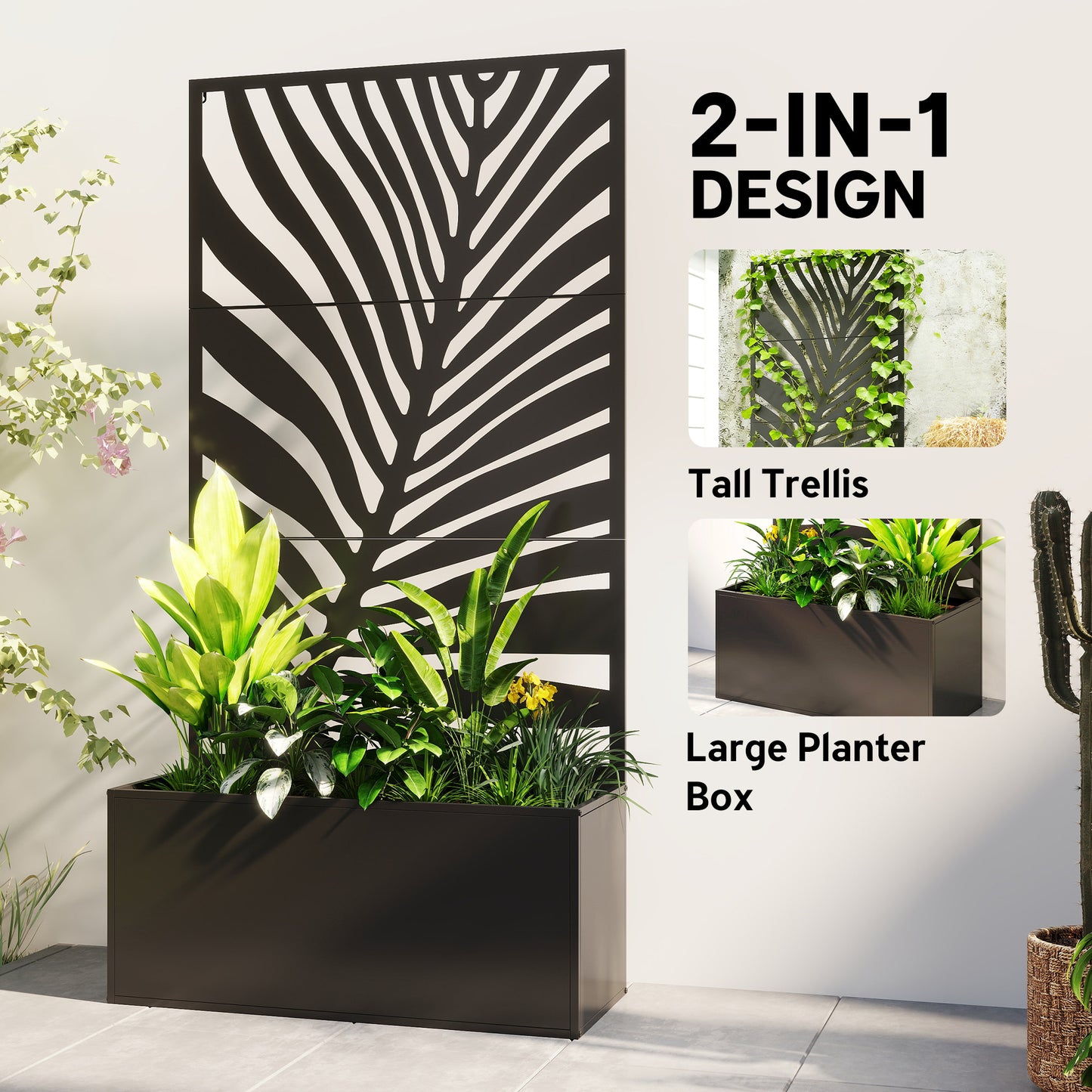 Outsunny Metal Planter Box with Trellis, Raised Garden Bed with Privacy Screen for Climbing Plants, Leaf Cut-Out Privacy Planter