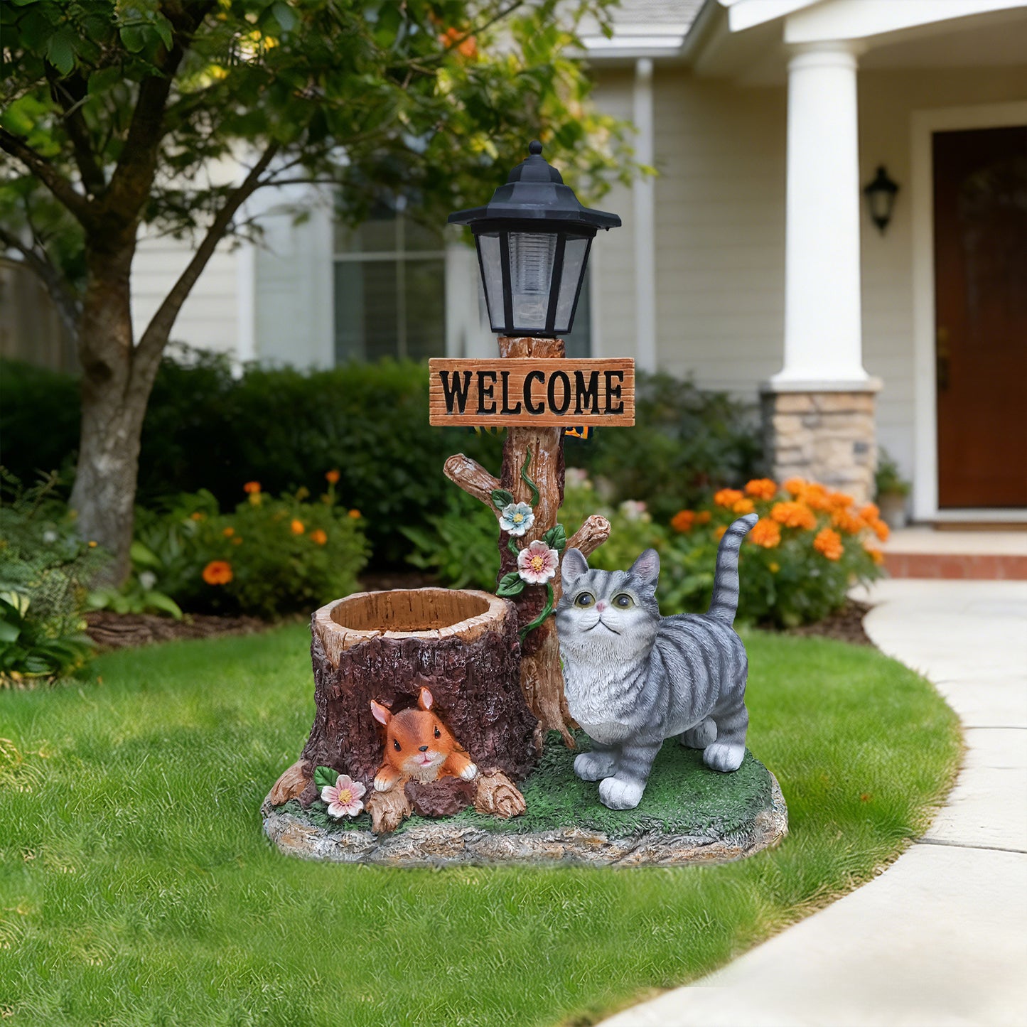 Cat Solar Planter Statue for Outdoor Decor