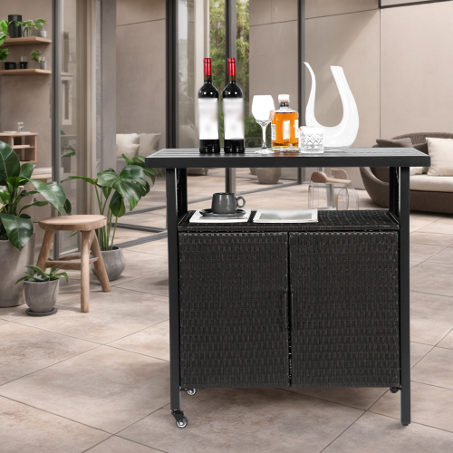 Outdoor Wicker Bar Cart, Patio Wine Serving Cart w/Wheels , Rolling Rattan Beverage Bar Counter Table for Porch Backyard Garden Poolside Party, Black