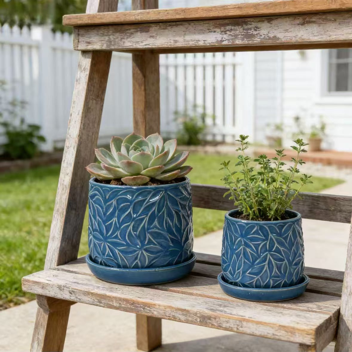 Handmade Ceramic Planter Set of 2, 6" & 8" Diameter, Deep Blue with Leaf Pattern, for Succulents & Herbs Indoor/Outdoor Shelf & Table Use, Breathable Clay with Saucers