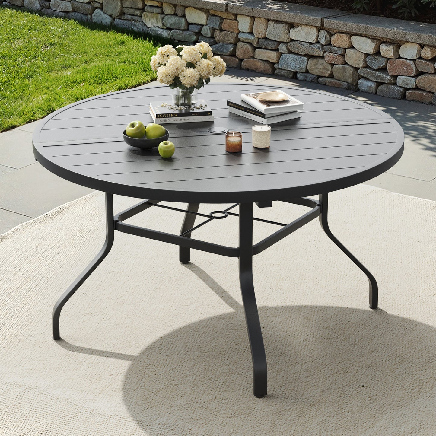 Round Outdoor Patio Dining Table, 47" Round Patio Table Wood-Like Grain with 1.57" Umbrella Hole, Metal Outdoor Dining Tables for Backyard and Poolside