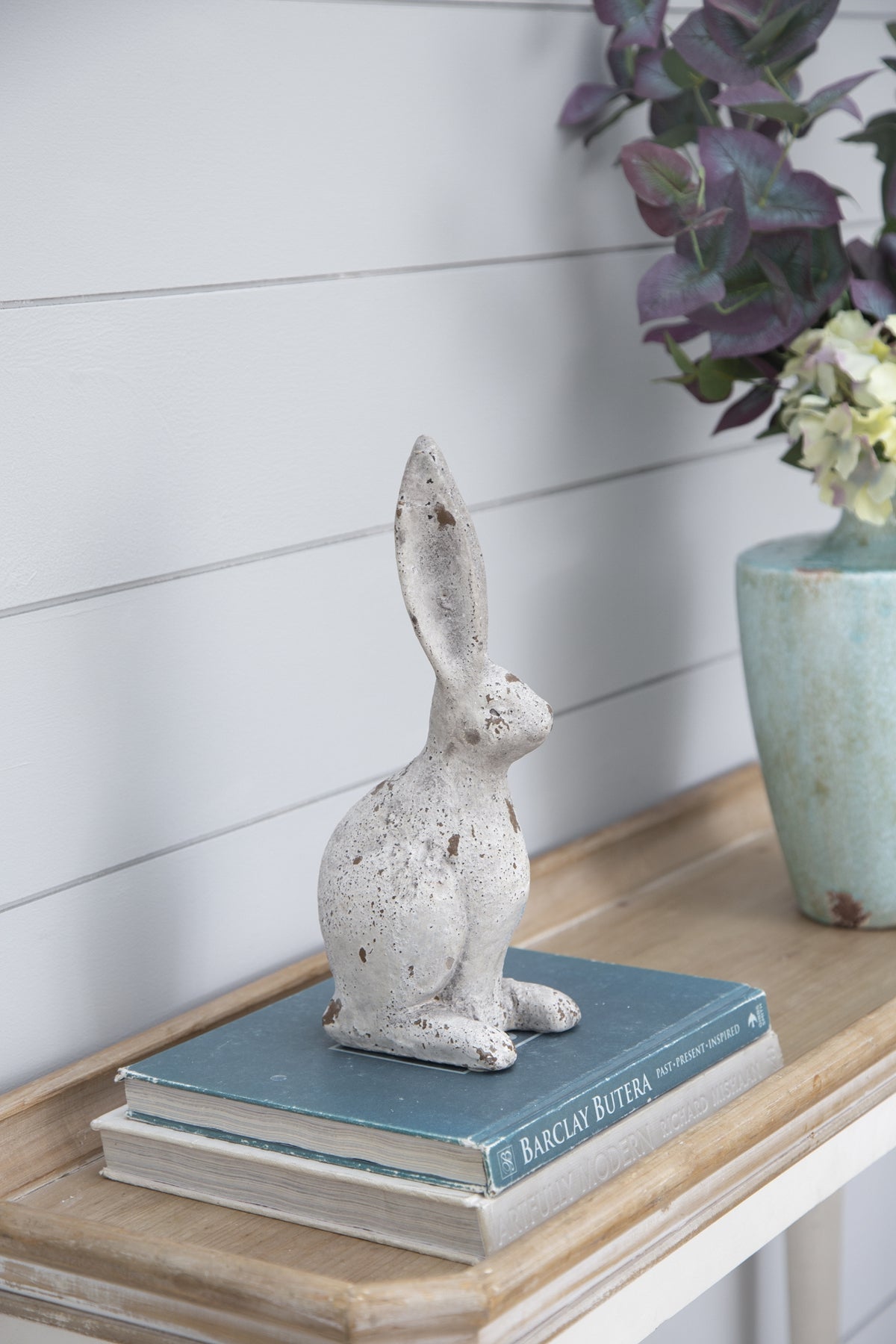5.3x4.5x12.8" Weathered Cement Cream Rabbit Statue