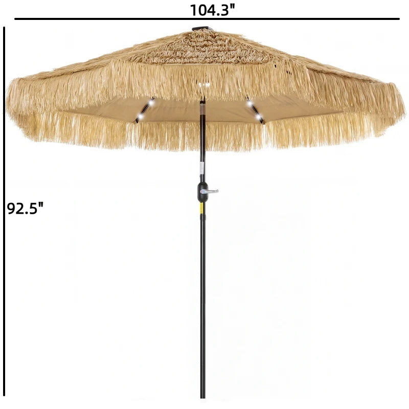 Straw Tassel Design Garden Umbrella,Hawaiian Style Outdoor Umbrella,Patio Umbrella with Solar Powered LED Light(Only Umbrella)