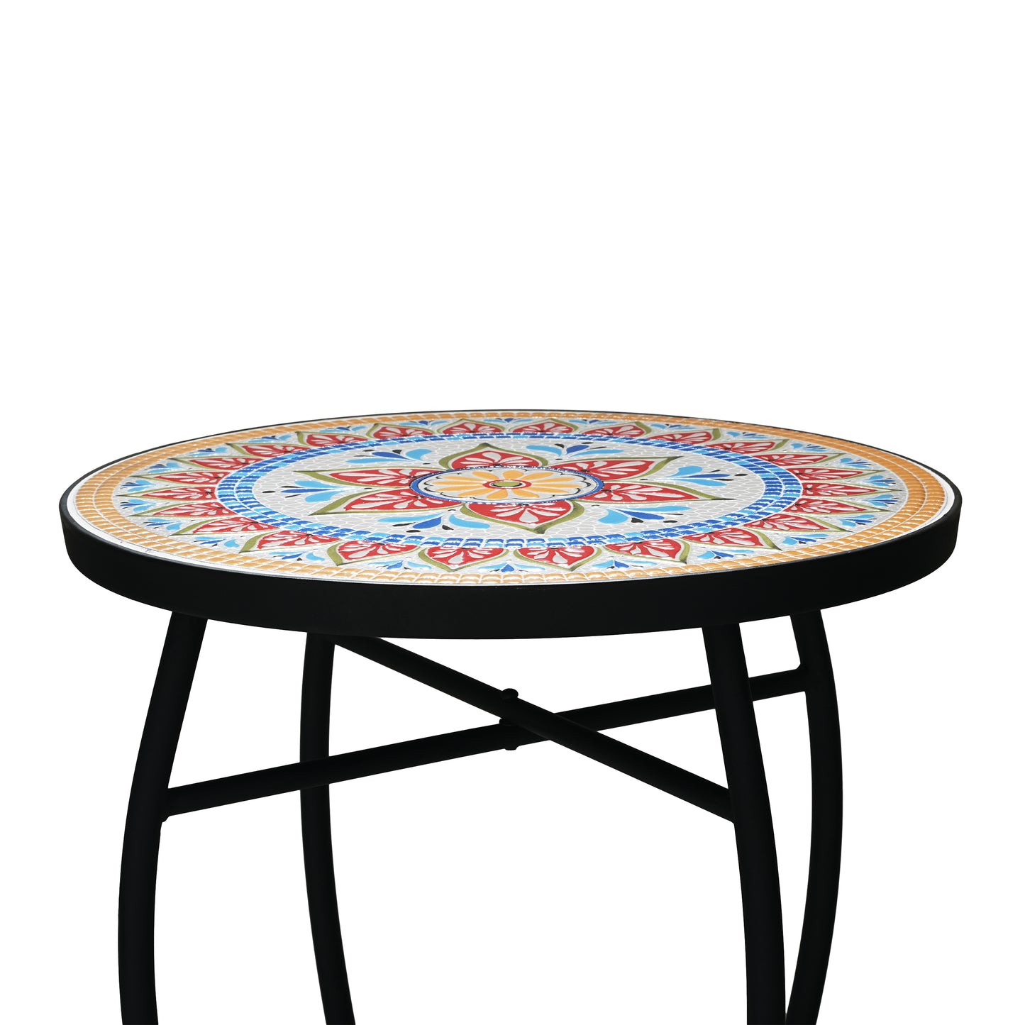 Outdoor Round Side Table with Mosaic-Style Top and Curved Iron Legs, Red and Matte Black