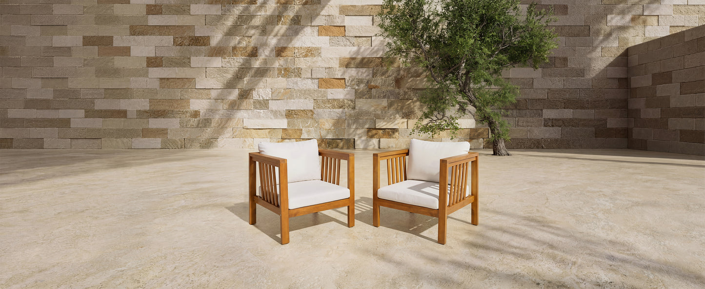 Set of 2 Outdoor Acacia Wood Club Chairs with Modern Square Arms, 2-Piece Patio Conversation Set with Thick Cushions, Adjustable Leveling Feet for Poolside, Backyard & Deck, Beige Cushions