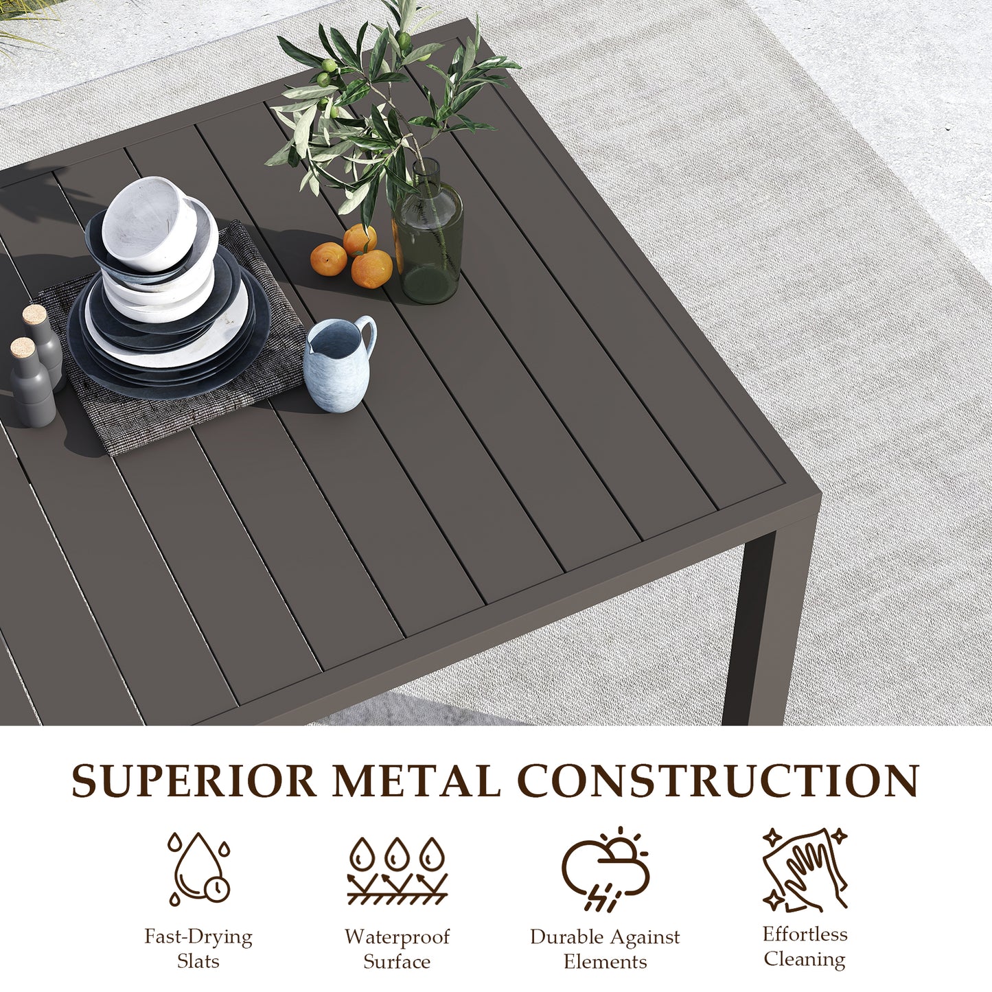 Outdoor Dining Table for 8 Person,Square Slatted Metal Patio Table for Deck Garden Lawn Backyard Use with Umbrella Hole, Brown