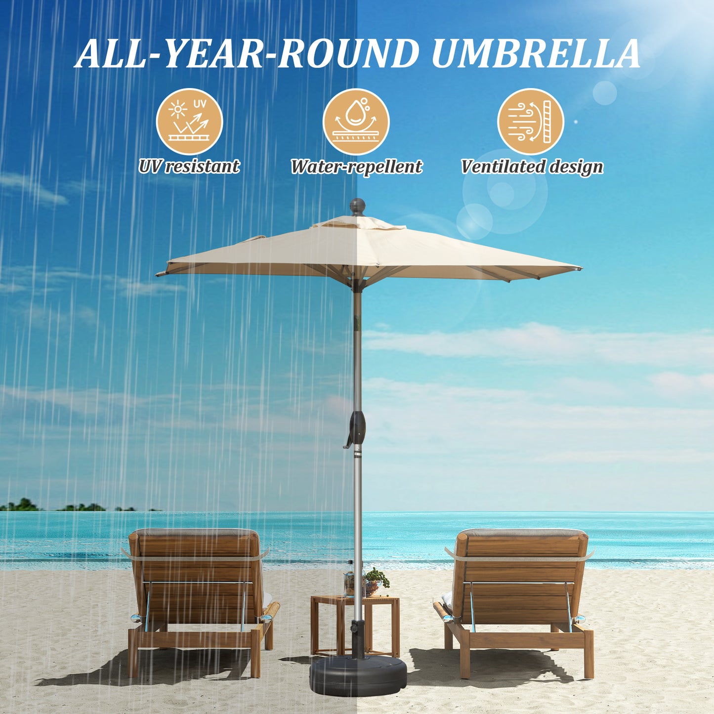 Rectangle Patio Umbrella with Crank Lift and Tilt Function, Beige (Base not included)