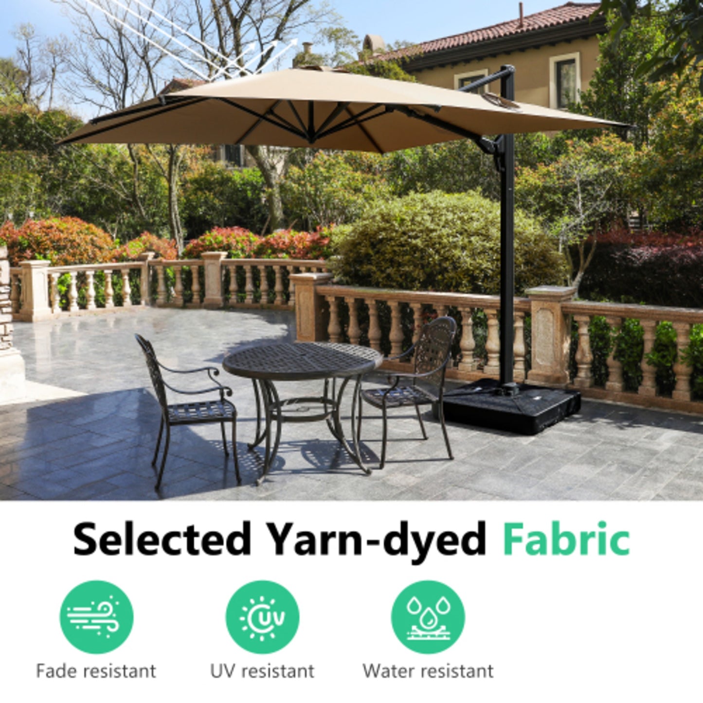 10 Ft Khaki Square Large Cantilever Patio Umbrella with 360° Rotation & Tit Adjustment and Heavy Duty Offset Polyester Canopy Deck Umbrella without base.