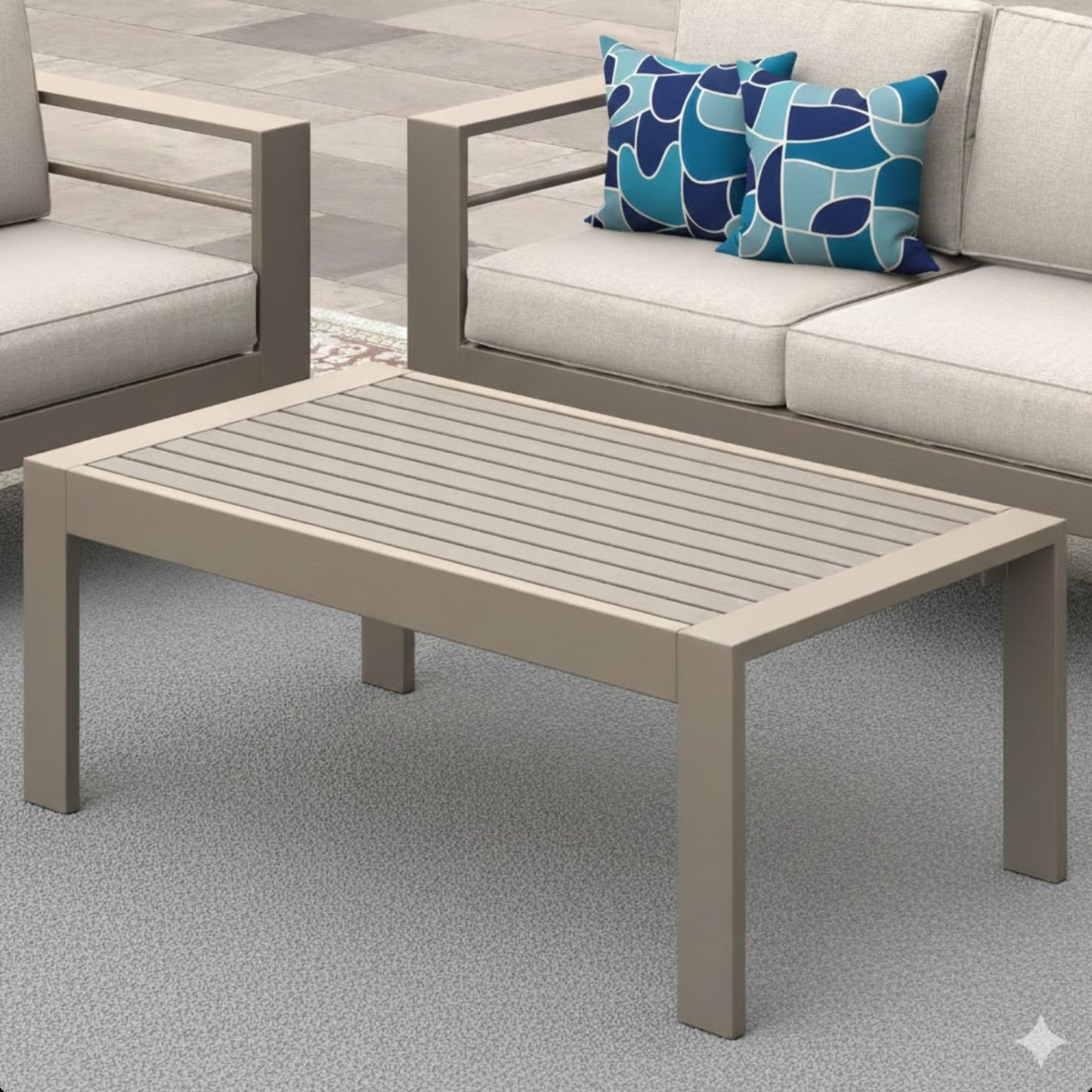43" x 24" All-Weather Metal Outdoor Coffee Table with Wood-Look Top and Khaki Frame