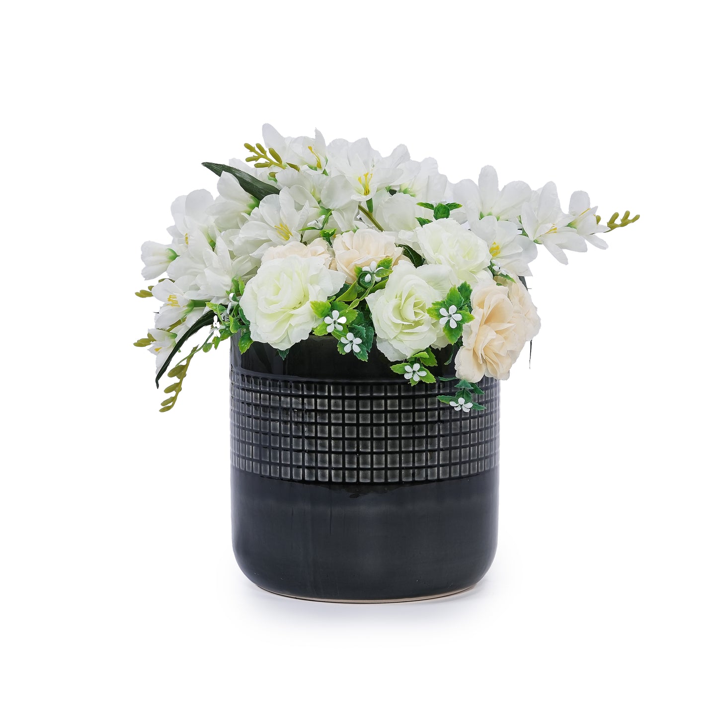Handmade Black Glazed Ceramic Planter Set of 3, 9" 7" 6" Diameter, Grid Pattern, for Succulents & Cacti Indoor/Outdoor Shelf & Table Use, Porous Clay with Drainage Holes