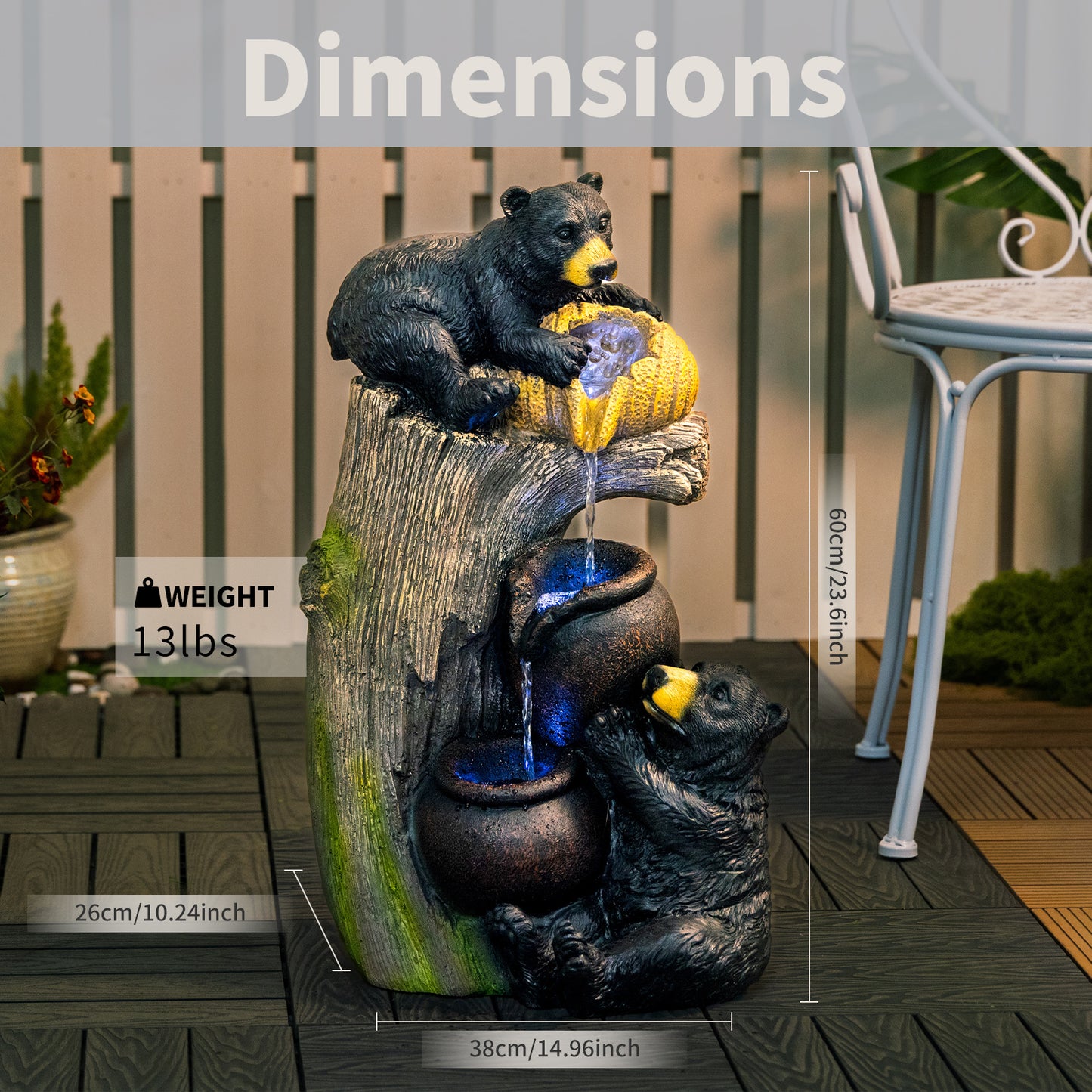 Bear Outdoor Water Fountain with LED Lights Cascading Fountains Outdoor for Patio Yard Balcony 23.62'' Garden Fountains Outdoor and Outdoor Water Fountain Decor