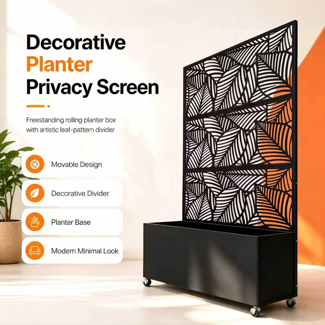 70.87" H × 46.06" W Leaf Pattern Privacy Screen with Planter Box, Black Metal Freestanding Decorative Fence Planter for Patio Balcony Backyard