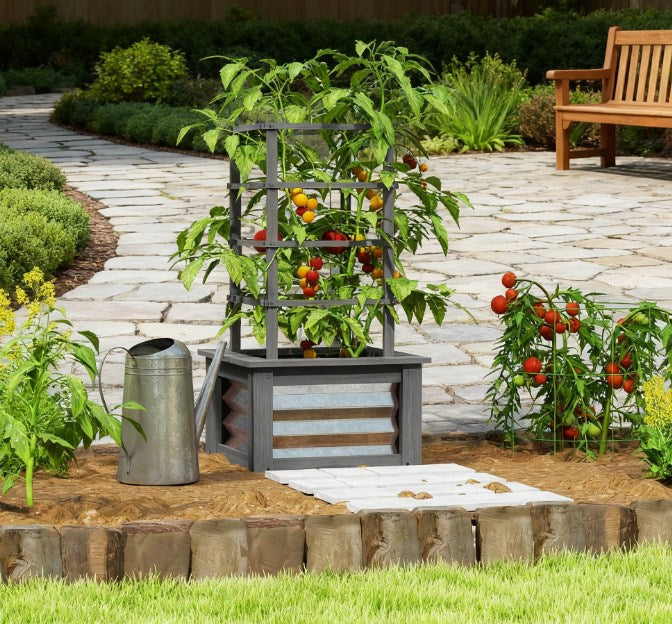 Versatile Raised Garden Bed,Galvanized Planter Box Elevated Garden Bed,Wooden Garden Bed with Trellis