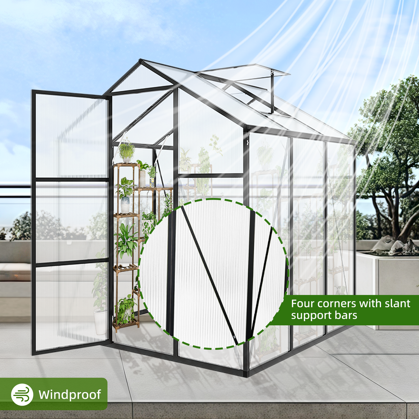 6x6FT Walk-in Outdoor Greenhouse - Polycarbonate Garden Greenhouse with Sturdy Aluminum Frame, Adjustable Vents, Lockable Door & UV Protection for Backyard