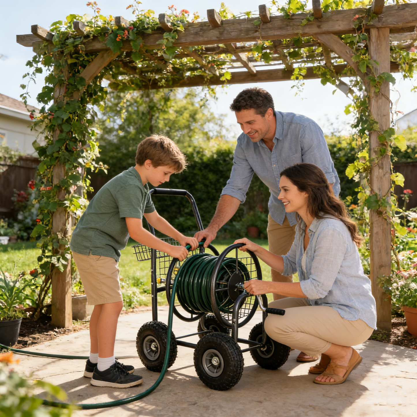 Garden Hose Reel Cart - 4 Wheels Portable Garden Hose Reel Cart with Storage Basket Rust Resistant Heavy Duty Water Hose Holder