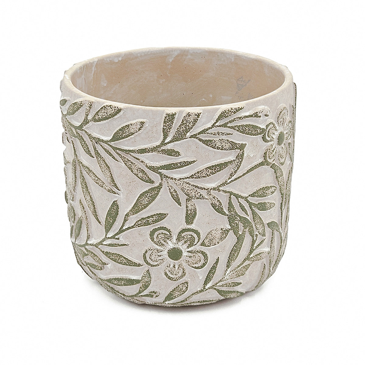 S/2 Gray Sand and Cement Planters with Etched Green Floral Motif, L:D6.7x6.3" S:D5.5x5"