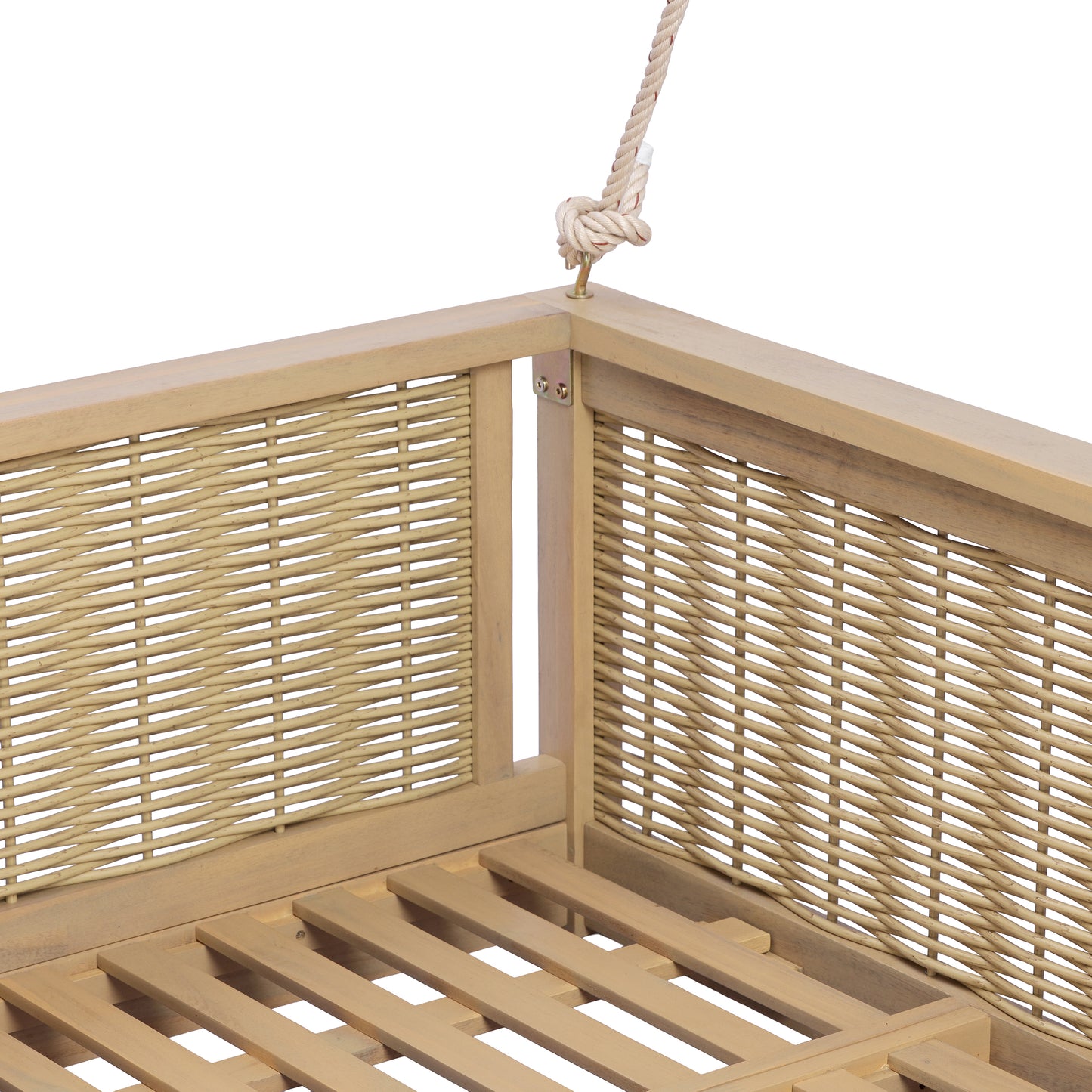 TOPMAX Outdoor Classic Solid Wood Twin Size Swing Bed,Garden Porch Rattan Swing Frame with Long Ropes for Poolside, Backyard, LIGHT TEAK
