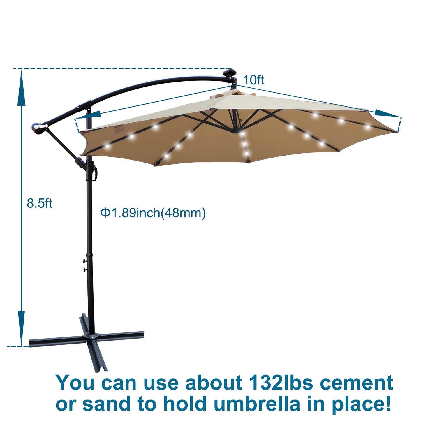 Tan 10 ft Outdoor Patio Umbrella Solar Powered LED Lighted Sun Shade Market Waterproof 8 Ribs Umbrella with Crank and Cross Base for Garden Deck Backyard Pool Shade Outside Deck Swimming Pool