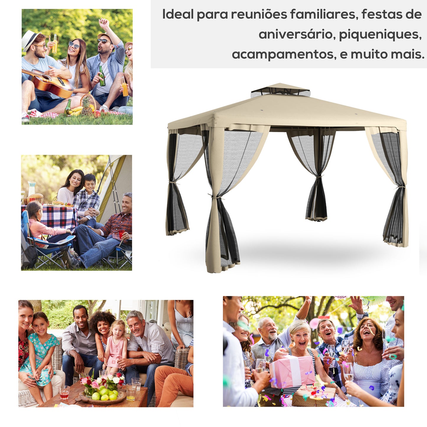 Outsunny 9.6' x 11.6' Patio Gazebo, Outdoor Canopy Shelter with 2-Tier Roof and Netting, Steel Frame for Garden, Lawn, Backyard, and Deck, Taupe