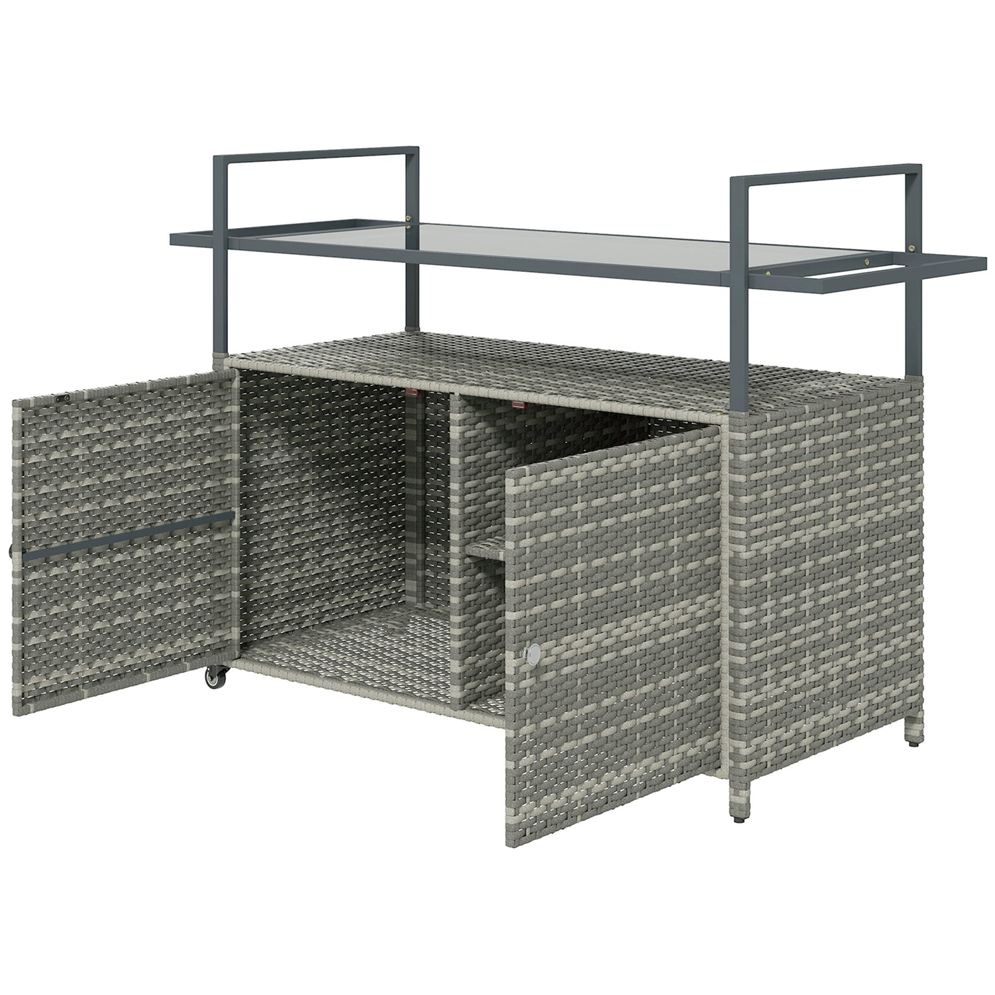 Outsunny Wicker Outdoor Bar Table with 2-Tier Shelf & Cabinet, Mixed Gray