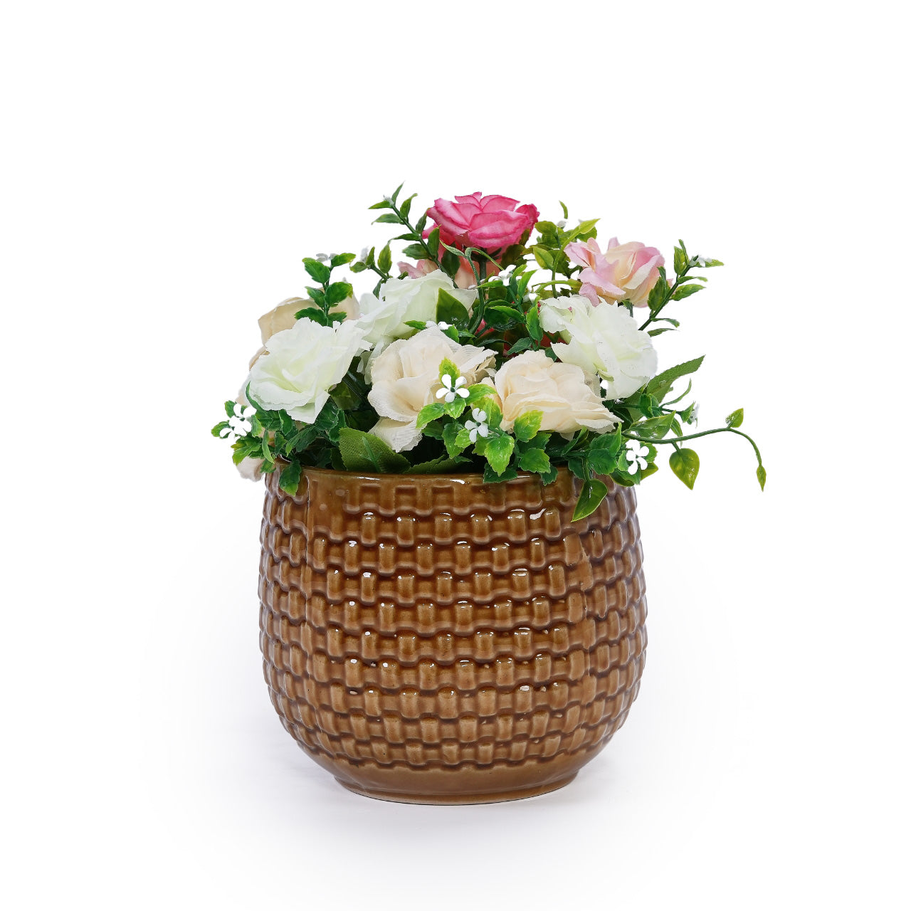 Handmade Glazed Ceramic Planter Set of 3, 9"/7"/5" Diameter, Diamond Pattern, for Succulents & Herbs Outdoor Garden & Indoor StaircaseUse, Breathable Clay with Drainage Holes, Terracotta Brown