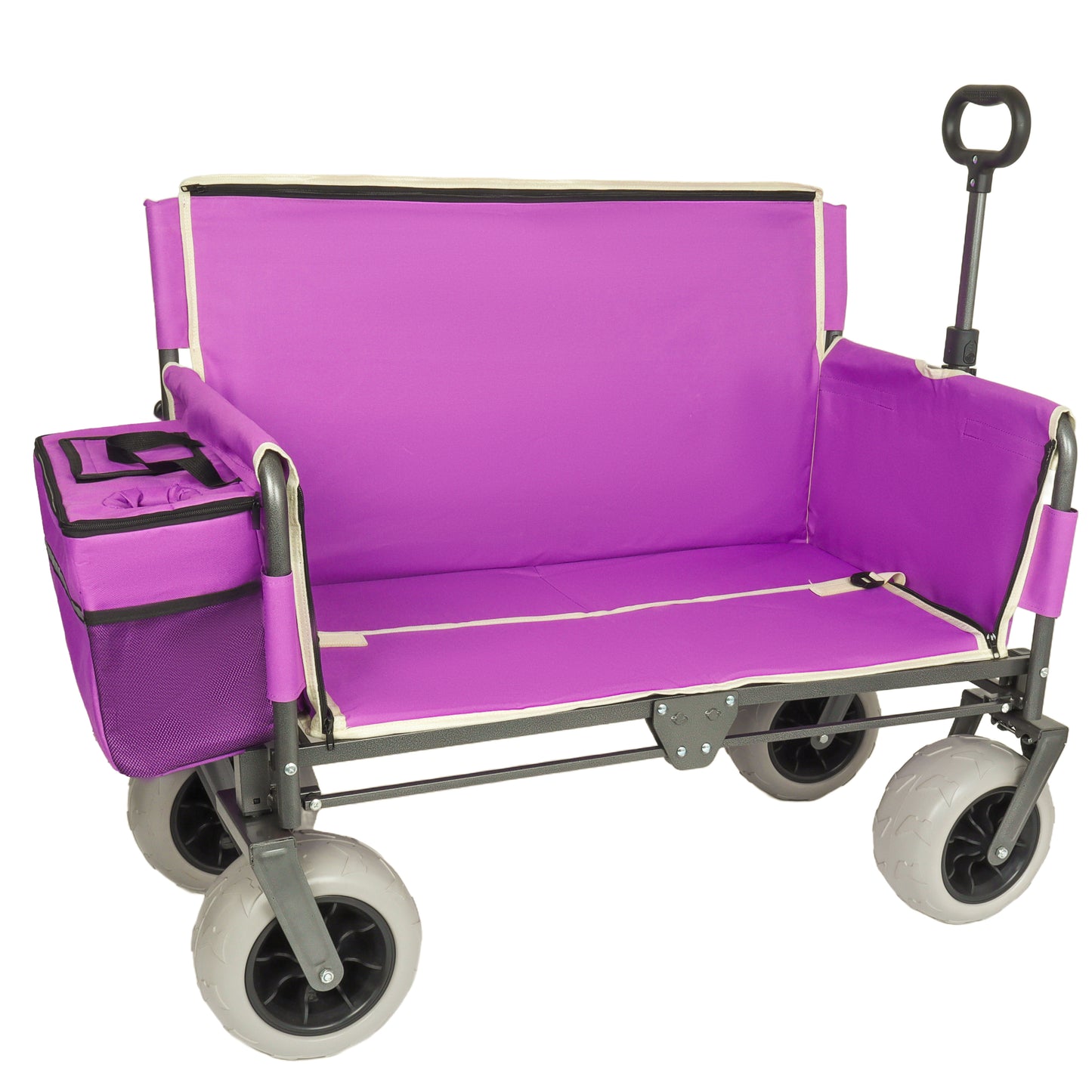 3-in-1 Heavy-Duty Folding Wagon Cart with Bench Seat & Storage, patent protection-Includes 1 ice pack, 500lbs, 180L Capacity, All-Terrain Wheels for Camping, Beach, Sports, Garden, Fish, Purple